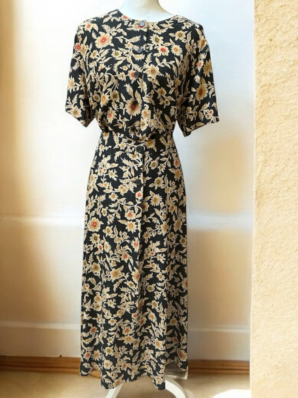 Vtg 90’s Jones New York Silk Beige Black Floral 2PC Fit & Flare MIDI Skirt Set